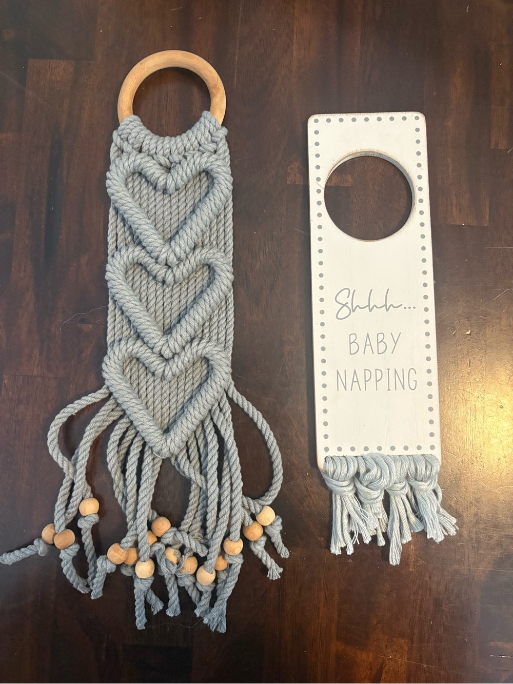 Gray Macramé Wall Hanging with Wooden Ring - Neutral Home Accent